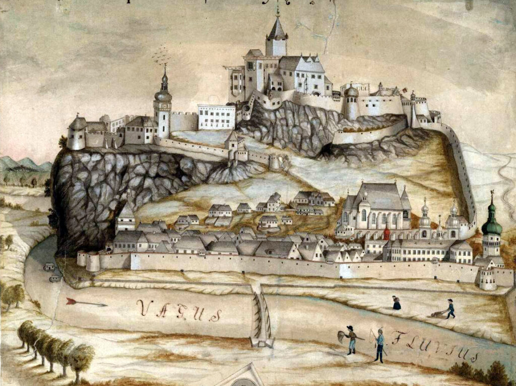 Farský kostol Narodenia Panny Márie Dobová ilustrácia pohľadu na Trenčín