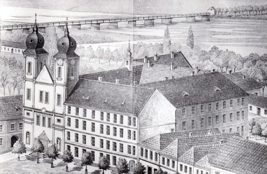 História farnosti Piaristický komplex na kresbe z 19. storočia